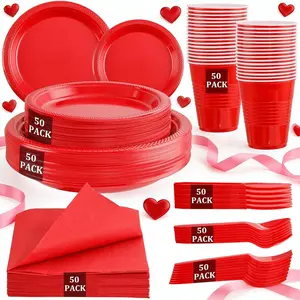 MirthMood 350PCS Red Disposable,Red Dinnerware Set Includes 50 Dinner, 50 Salad, 50 Sets of Silverware, 50 and 50Pcs 12OZ Cups