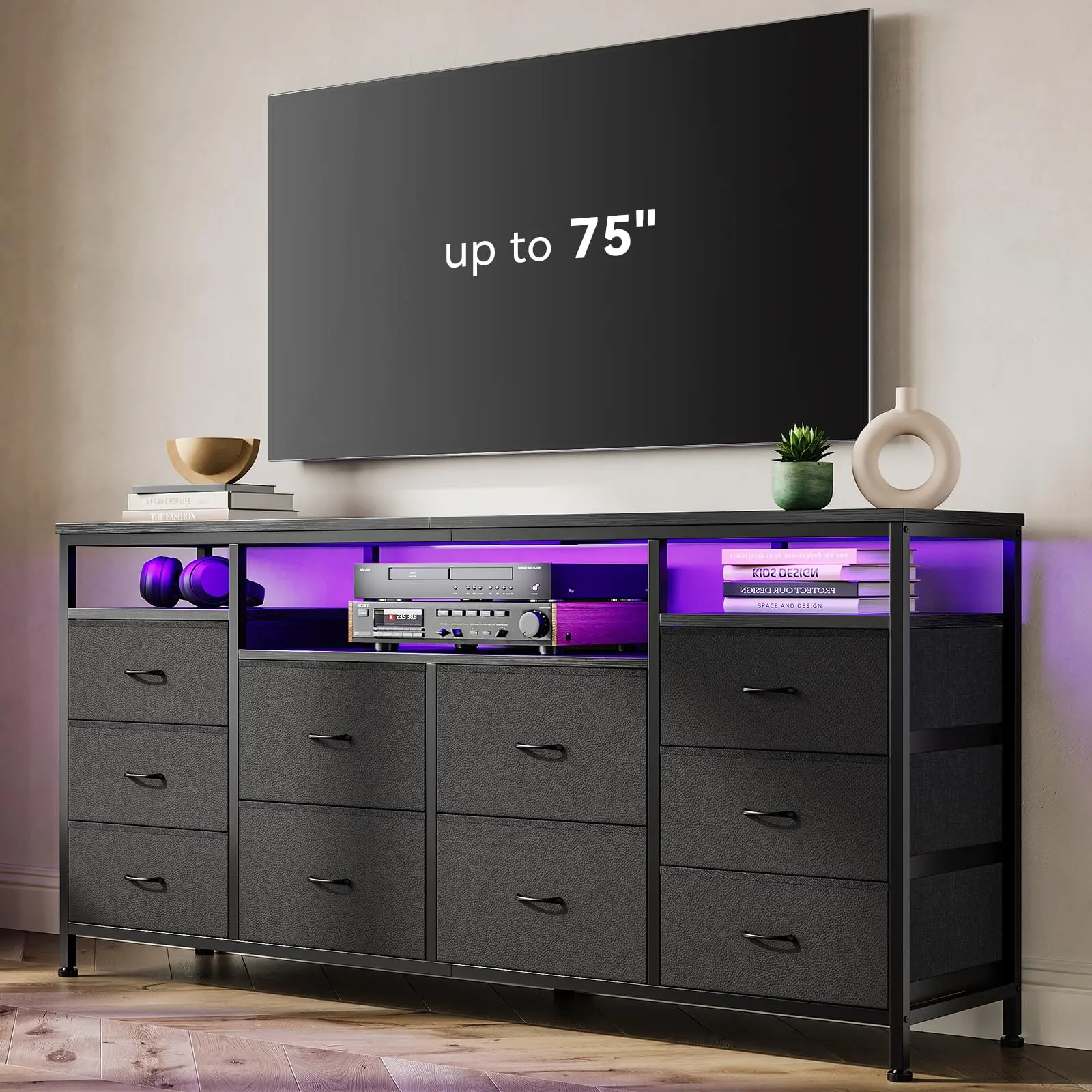 Sturdy Metal Frame 63.3in Black 10-Drawer LED Dresser Living Room Furniture - Freestanding TV Stand for 65/70/75in TVs, Power Outlets, Charging Station to Charge Gear at TV Height, Bedroom Storage Chest