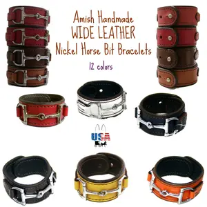 WIDE LEATHER HORSE BIT BRACELET with Nickel Equestrian Snaffle in 12 Colors