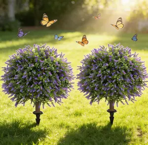 Artificial Boxwood Topiary Balls with Lavender – 24" Set of 2 Faux Shrub Bushes UV Resistant Faux Outdoor Plants for Indoor Porch Front Door, Evergreen Trees Faux Plant with Ground Spike, Mother's Day Gifts