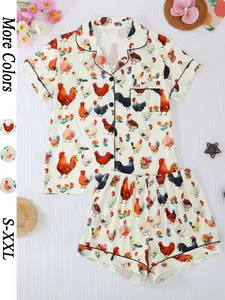 Women's Sleepwear Sets, Casual Cartoon Chicken Pattern Design, Loose Fit Short Sleeve Top & Shorts, All-Season Comfortable Home Wear