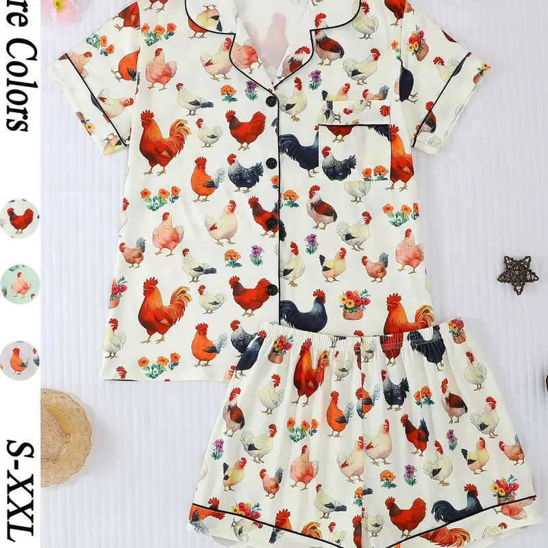 Women's Casual Button Sleepwear Sets, Cartoon Chicken Print Pajama Clothes Set, Loose-Fit Short-Sleeve Top and Shorts, All-Season Comfortable Home Homewear, Comfy Pajama Sets, Loungewear