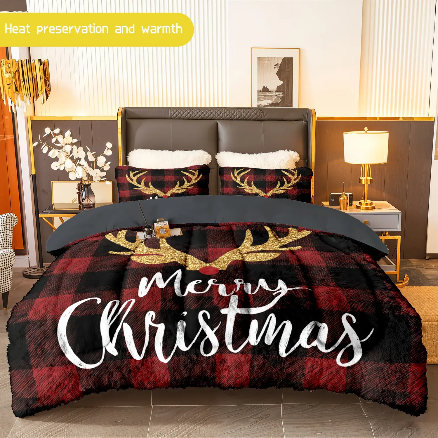 3pcs (1 comforter + 2 pillowcases) Christmas Buffalo Plaid Flannel & Milk Velvet Comforter Set, Soft Warm Bedding for Adults, Cozy Holiday Bedding Essentials