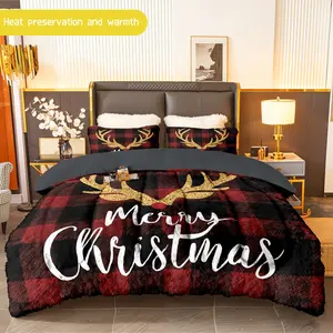 3pcs (1 comforter + 2 pillowcases) Christmas Buffalo Plaid Flannel & Milk Velvet Comforter Set, Soft Warm Bedding for Adults, Cozy Holiday Bedding Essentials