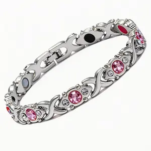 Premium Magnetic Therapy Bracelet for Women Silver Finish Sparkling Rhinestone Inlay Elegant Jewelry for Daily Wear