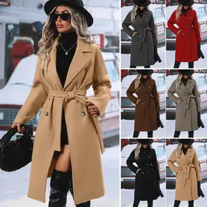2025 New Solid Color Lapel Thickened Wool Coat, Belted Double-Breasted Long Trench with Stylish Design, Warm Outerwear for Spring & Autumn Seasons