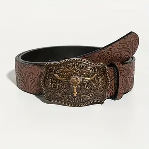 Fashionable Western Cowboy Style Bull Head Big Buckle Vintage Brown PU Emobossed Bull Head Decor Belt