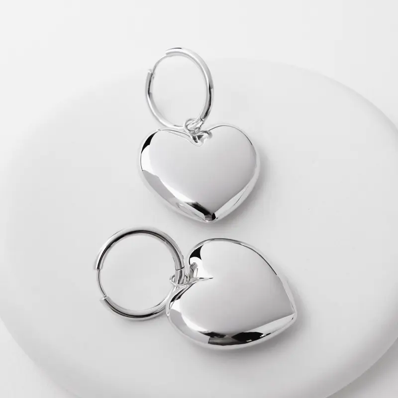 Crush-Rhodium Earrings - Premium Stainless Steel Base with Rhodium Plating Heart-Shaped Pendants Hinge Hoop Earrings for Adults