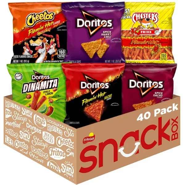 Fiery Mix Snack Pack - 40 Count, Halal Certified, Individually Bagged Single-Serve Crisps & Puffed Snacks, Contains Milk, Camping Essentials