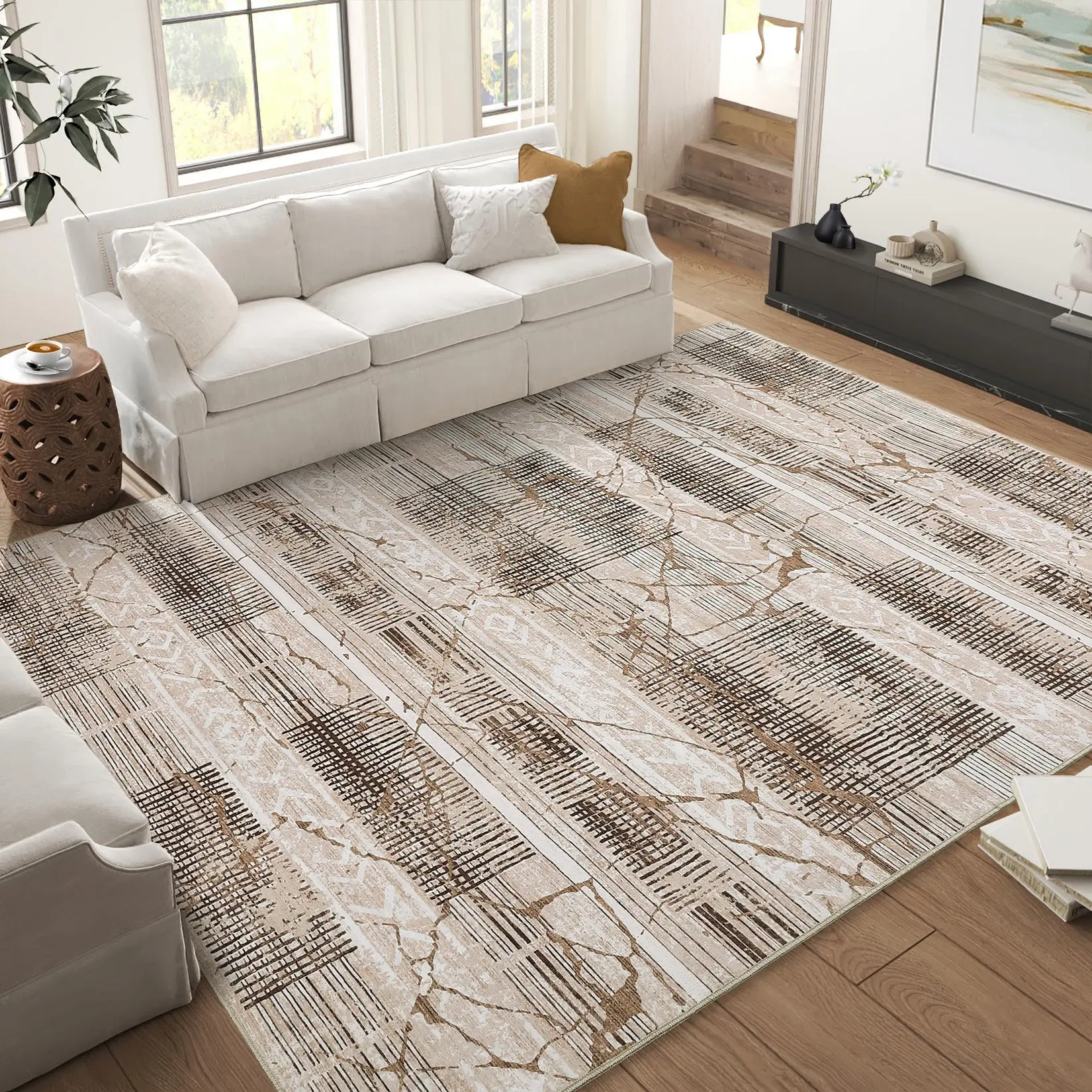 【GARVEE】Washable Geometric Marble Boho Area Rugs for Living Room and Bedroom, Ultra Thin Non-Slip Indoor Floor Carpets in Various Sizes and Colors including Navy Blue, Black/Grey, Light Grey, and Light Brown