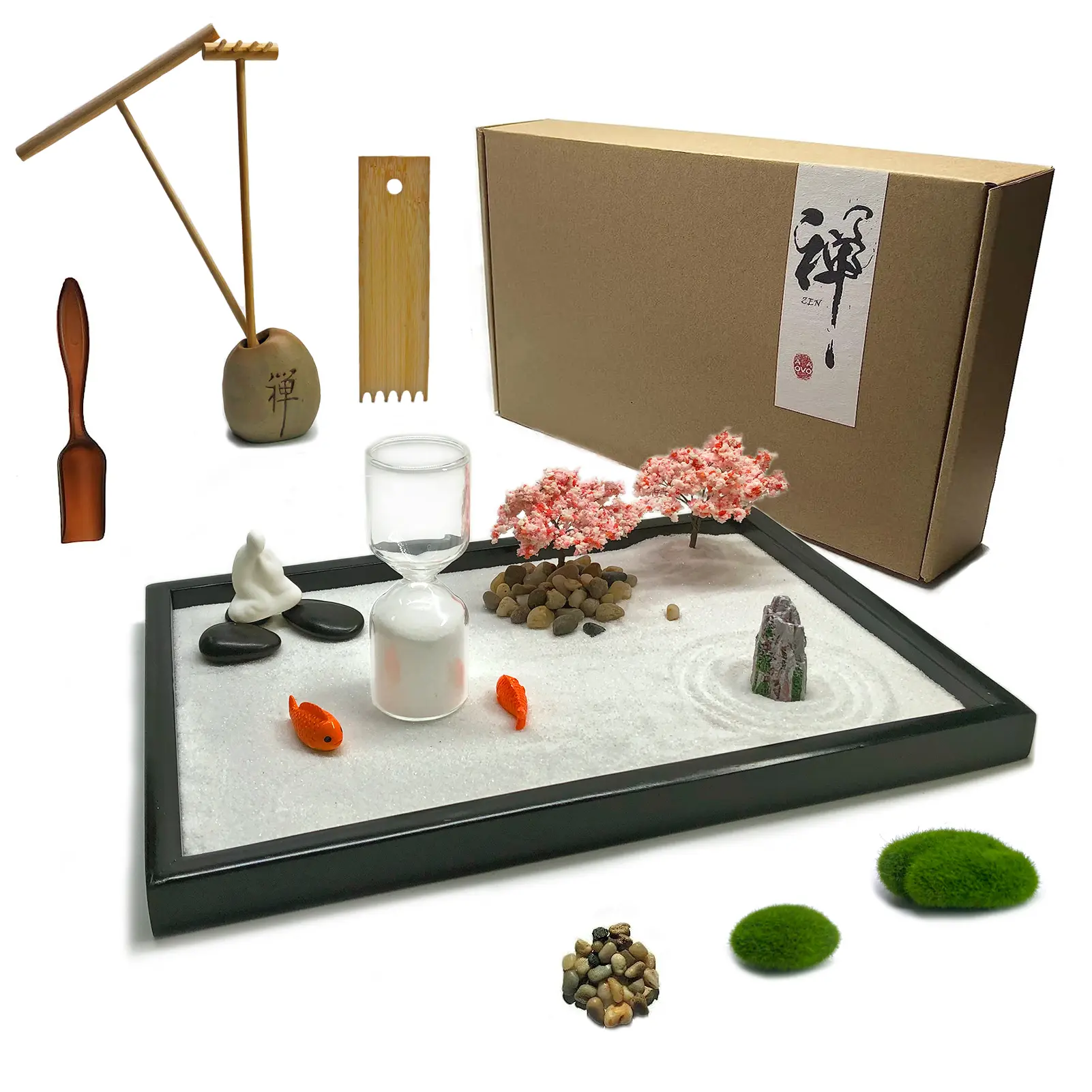AOVOA Desktop Zen Garden with Refillable Hourglass and Variety of Accessories, Meditation Min Zen Garden for Home & Office, Mini Zen Garden Kit for Desk