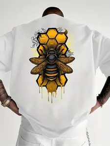 Teenager's Casual Loose Fit Short Sleeve Tee with Honeycomb and Wax Drop Pattern, Durable Round Neck Summer Top, Comfortable Outdoor Wear, Trendy Graphic Shirt for Teens, Lightweight Fabric, Unique Design for Teenage Boys and Girls