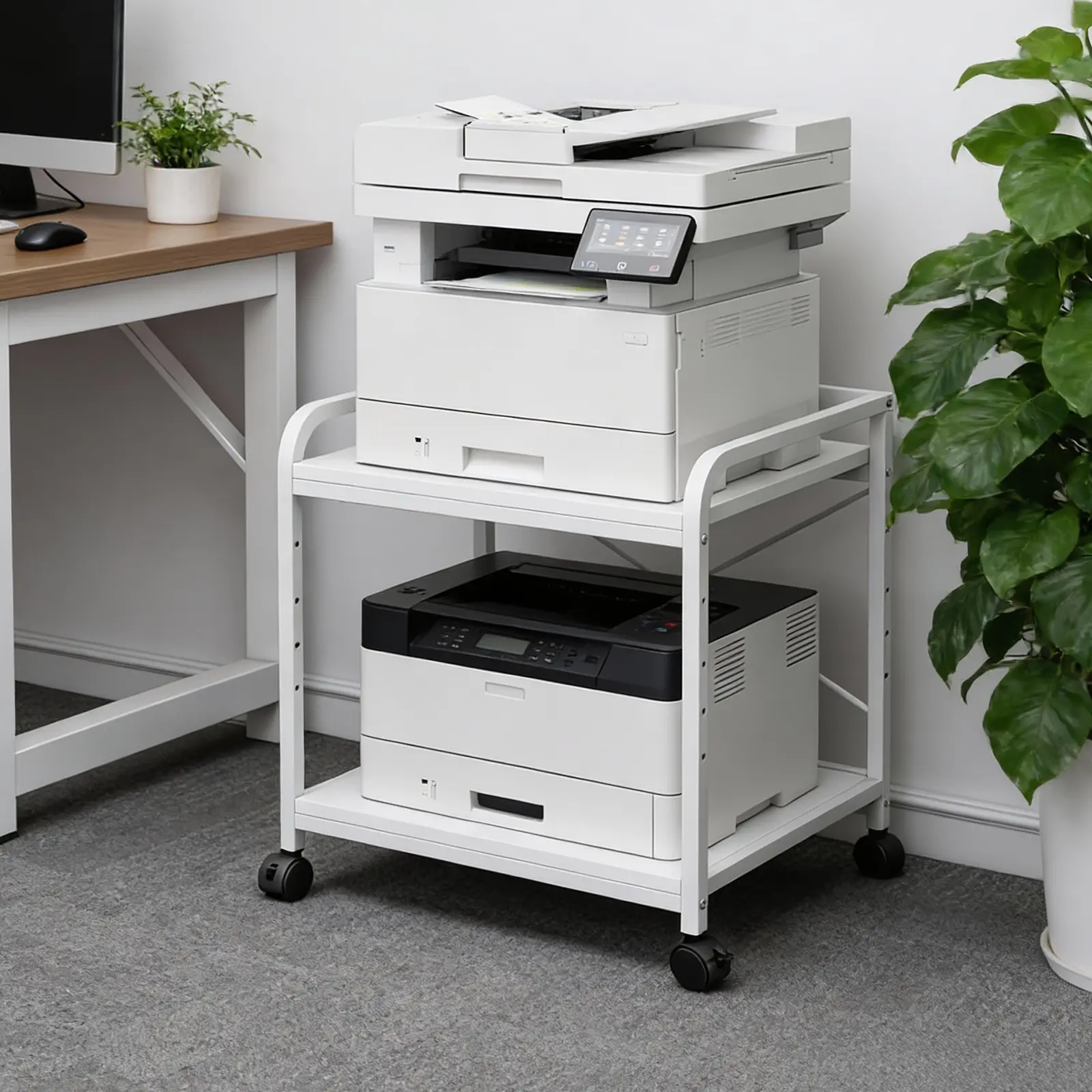 Garvee Upgraded-Under Desk Printer Stand, 2-Tier Space-Saving Design, 20 Inch Deep Adjustable Shelf, Rolling Printer Cart, Mobile Office Storage Organizer, Durable Desktop Rack