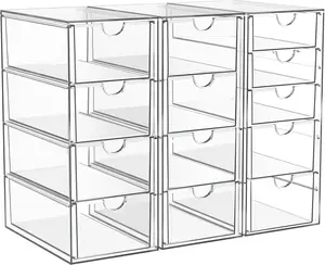 3 Pack Acrylic Makeup Organizer with 13 Drawers, Bathroom Counter Desk Organizer Storage Drawers for Cosmetic Pencil Coffee Office Supplies
