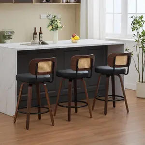 Counter Height Bar Stools Set of 3 - 26 inch Rattan Counter Height Stools with Cane Back, Upholstered Seat, Walnut Craftsmanship, Swivel Counter Stools for Island/Kitchen/Counter/Bar (Walnut /Black), 3 PCS