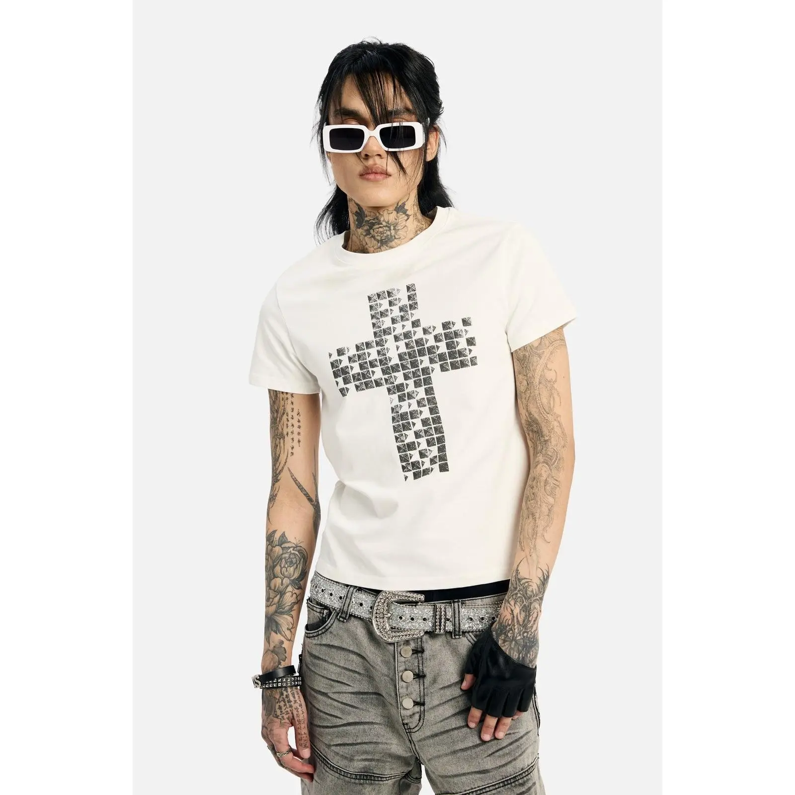 White Pyramid Stud Cropped Tee