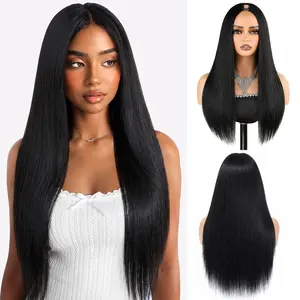 Straight V Part Synthetic Wigs for Women 24inch Natural Black Color V Shape Glueless Full Head Clip in Half Wig Beginner Friendly