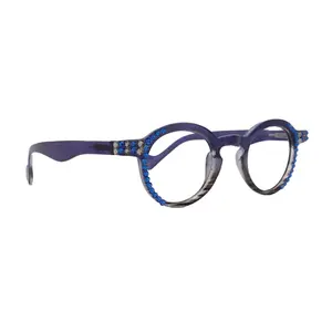 Orlando Bling Reading Glasses, W Capri Blue N Black Diamond  European crystals, Magnifying Eyeglasses, (Blue) (Round) NY Fifth Avenue