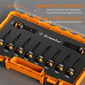Crosstar 10-Piece Impact Torx Bit Socket Set(T25~T70), 1/2" Drive Cr-Mo Steel, Long High Impact Star Sockets for Automotive & Heavy-Duty Use, Professional Mechanic Tools with Transparent Case