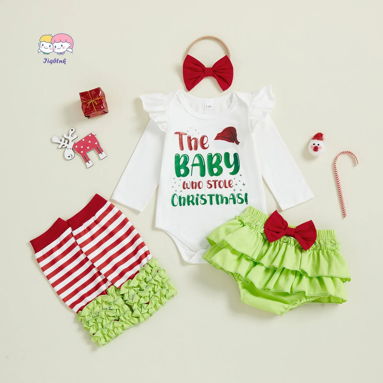 Baby Girls Christmas Clothes Letter Print Long Sleeves Romper and Layered Shorts Cute Headband Leg Warmer Set