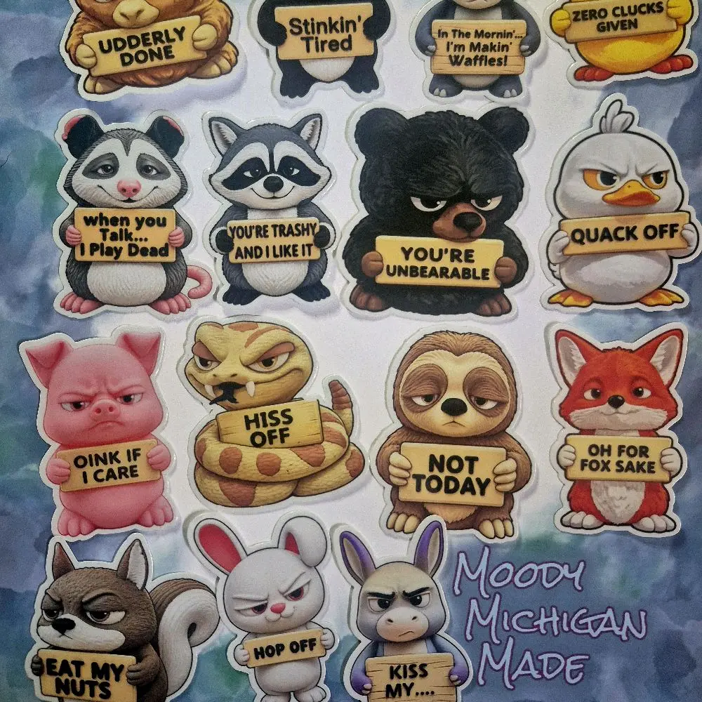 Mood Animal sticker set, Funny Sarcastic Cute Animals, Sassy Quote Stickers, Cow Racoon Duck, Inappropriate stickers, Mental Health, 15pc