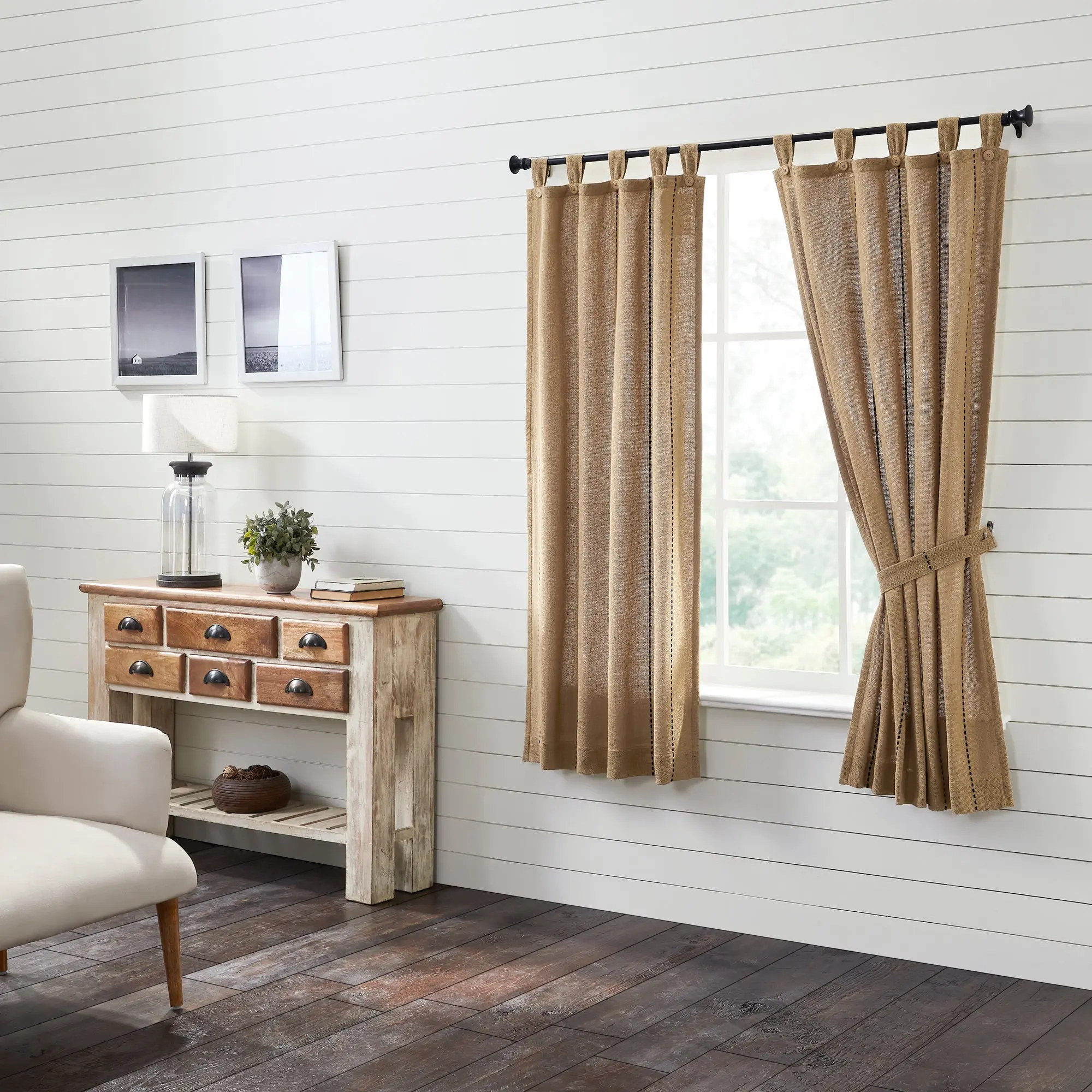 Natural Stitched Burlap Short Panel Curtains, Household Window Decor Textiles