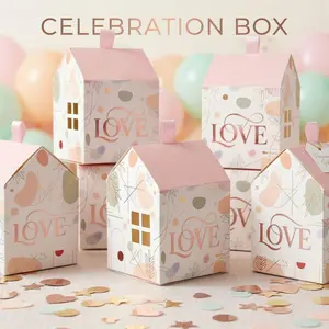 5 Heart Print House Shape Candy Boxes, Rose Gold Foil Wedding Favor Box, Mini Gift Box, Party Gifts, Chocolate Packaging