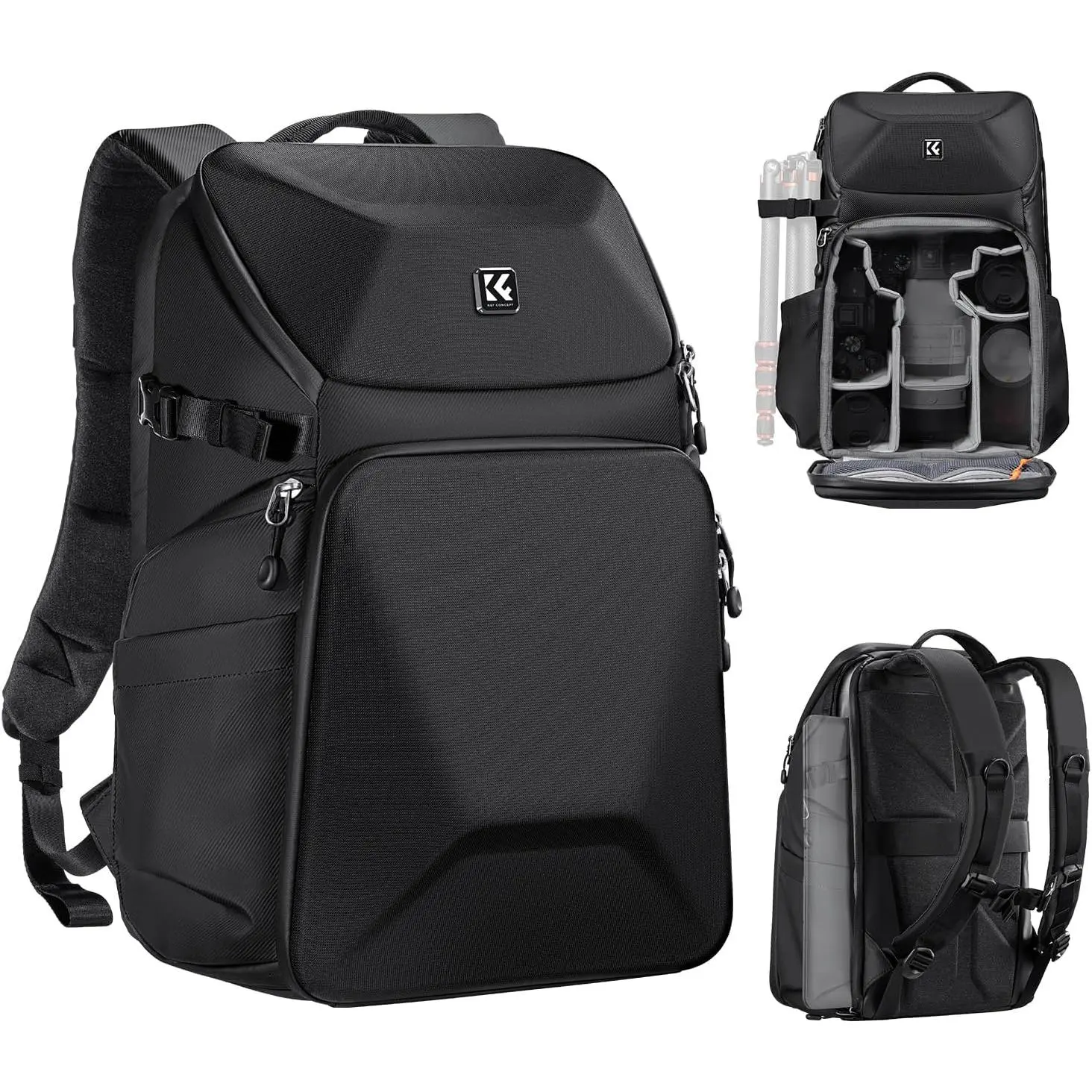 【DealsForYouDays】K&F CONCEPT 20L Hard Shell Camera Backpack, Leather Handheld Photography Bag with Adjustable Tripod Holder, Waterproof Laptop Compartment & Protective Case