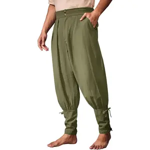 Runcati Mens Medieval Ankle Pants Renaissance Viking Pirate Pants Lace Up Cotton Tapered Halloween Costume Trousers