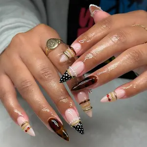 jasonj.nail Tortoise Dot French Press-On Nails, Black & White Polka Dot Tips, Gold Ring Details, Nude Base, Chic Retro Luxury Style