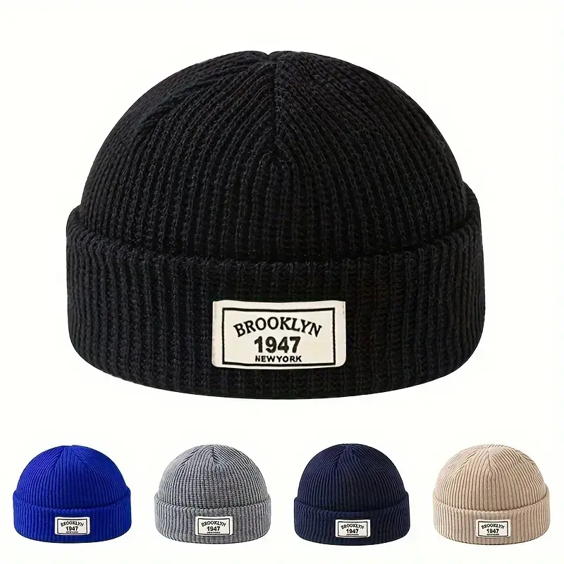 Men's Fashion Knitted Wool Hat, Warm Elastic Acrylic Winter Cap with Letter Patch, Ideal for Casual Activities, Christmas Gift, Valentine's Day, Beanies, Woolen Hat, Beanies Hats