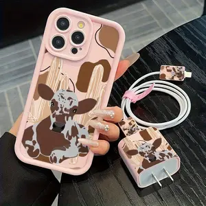 5-Piece Set High Bamboo Cow Print Phone Case, Charging Head Cover, Data Line Protector, Storage Rope, Fits iPhone 15/16 Series