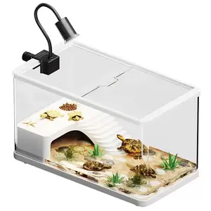 Small Turtle Tank Kit (Tank + Light), Acrylic Tank Starter Kit with Basking Platform, Bottom Drain & Lid, for Small Reptiles, Eco - Friendly, Easy to Move, High - Transparency AS Material, Includes Basking Light, Turtle Food, Shells, Aquatic Plants