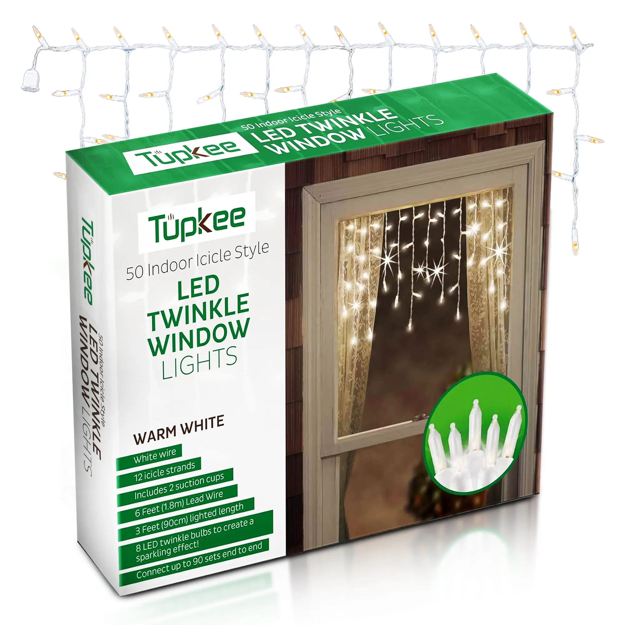 # Tupkee LED Christmas Icicle Lights, 50 Cool White Bulbs, 3 ft Twinkle Window Lights, 8 Random Twinkling Bulbs, Indoor & Outdoor