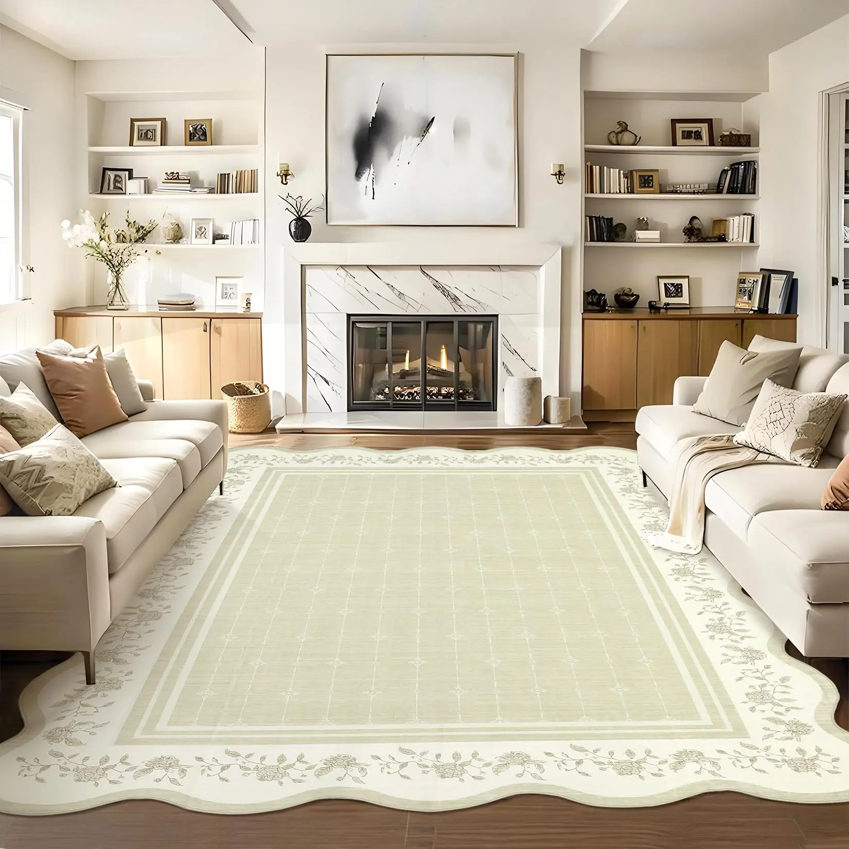 Garvee Large Area Rug 10x13 - Washable, Soft, Non-Slip, Low Pile Indoor Carpet with Scalloped Floral Design, Stain Resistant Modern Bordered Accent for Living Room, Bedroom, Nursery, Office in Beige