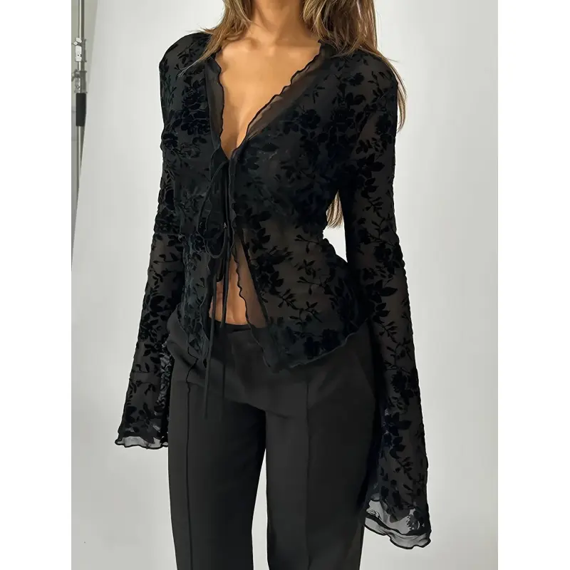 Women'S Elegant Floral Mesh Lace-Up Shirt with Ruffled Bell Sleeves for Spring And Summer