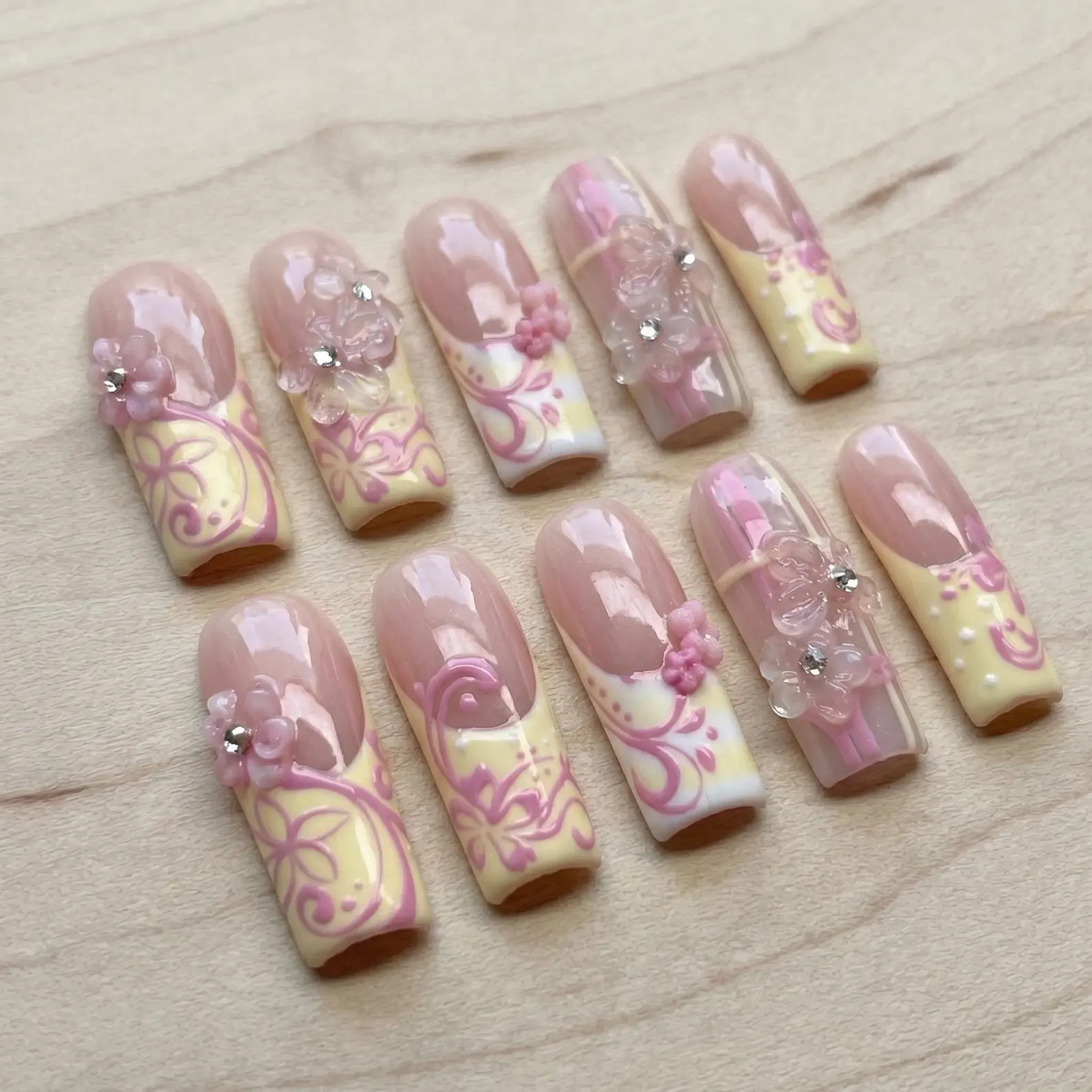 Y2K Pink French Tip Press On Nails, Long Square Fake Nails with 3D Bow Design, Glossy Full Cover Reusable Nail Set for Women and Girls
