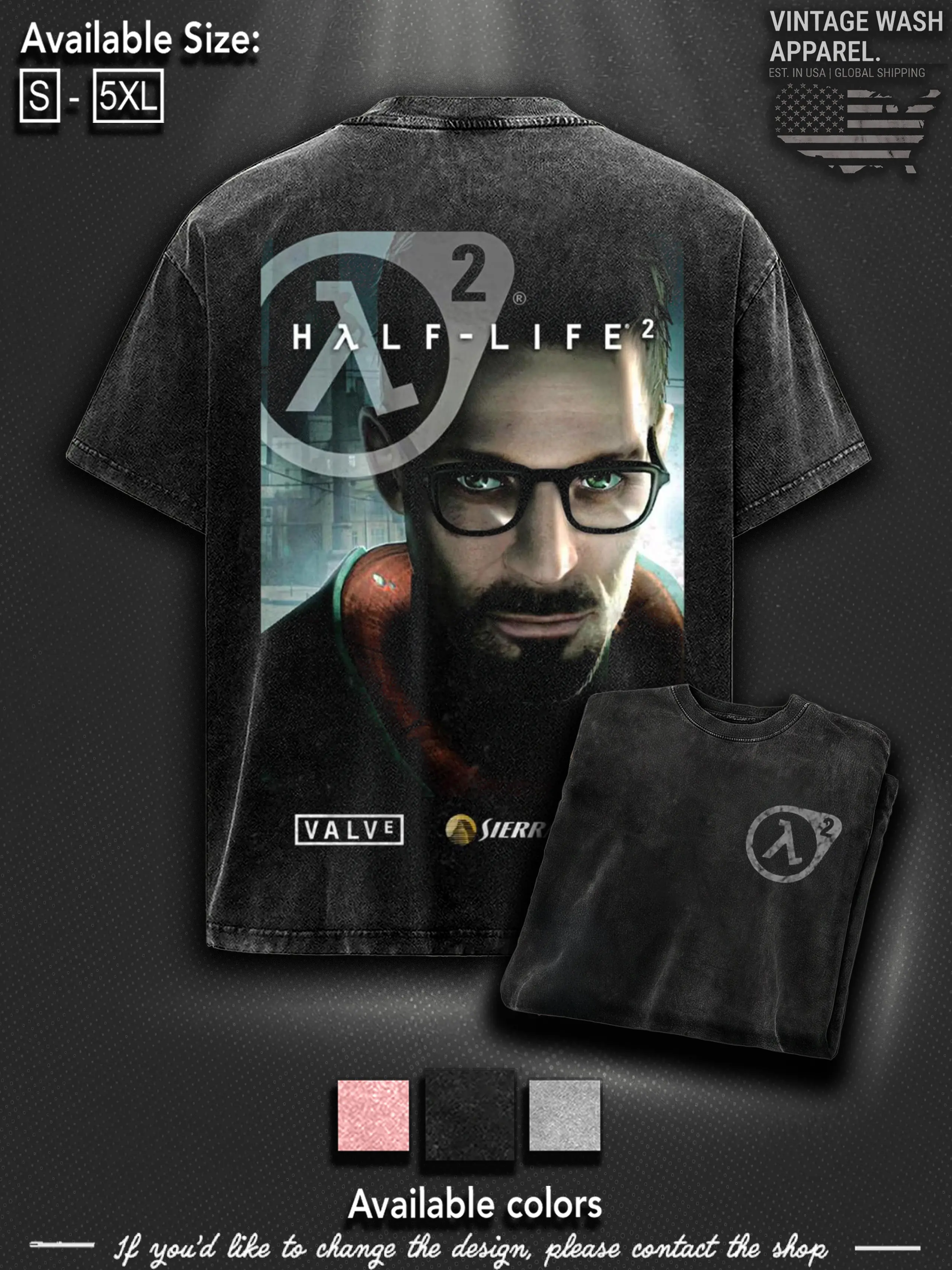 Half-life 2 Washed Unisex Graphic Tees, Casual Crewneck Short Sleeve Washed Tshirt 2 Sided Cotton unisex graphic tees gamer merch, Black Cotton Tee