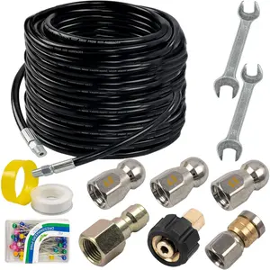 Sewer Jetter Kit for Pressure Washer, Drain Cleaner Hose 1/4 Inch NPT, Orifice 4.0 Button Nose and Rotating Sewer Jetting Nozzle Spanner Tape Pearl Corsage Pin, 4000 PSI