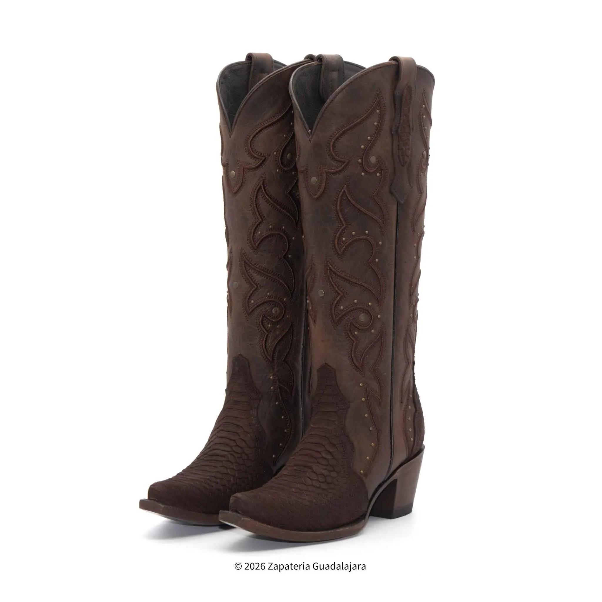 Tall Matte Brown Python Print Snip Toe Leather Boot-H23T9463