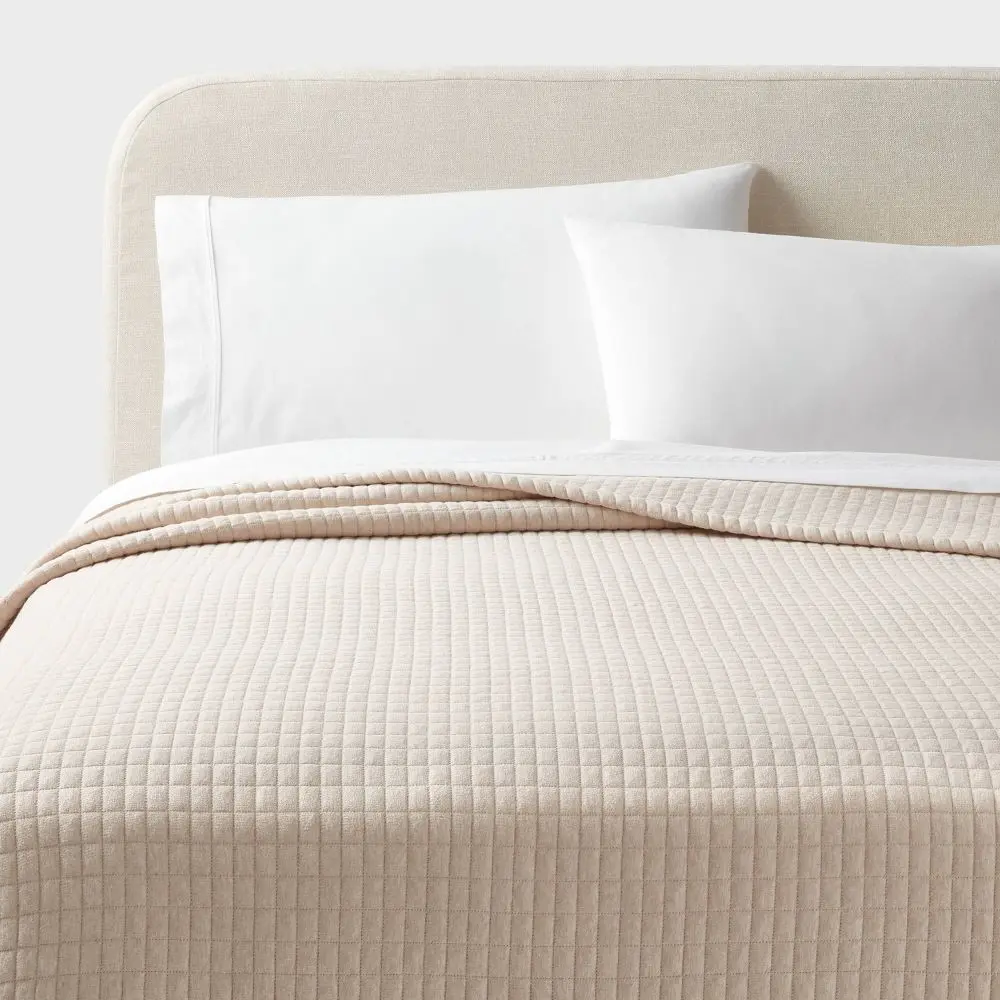 Full/Queen Jersey Quilt Oatmeal Heather - Threshold: Cotton Knitted Coverlet Heavyweight Fabric Machine Washable