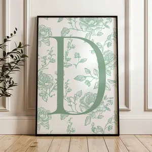 Custom Initial Blue Wildflowers Toile Sage Green Roses Print French Coquette Chinoiserie Floral Room Decor Personalized Wall Baby Girl Nursery Vintage Art