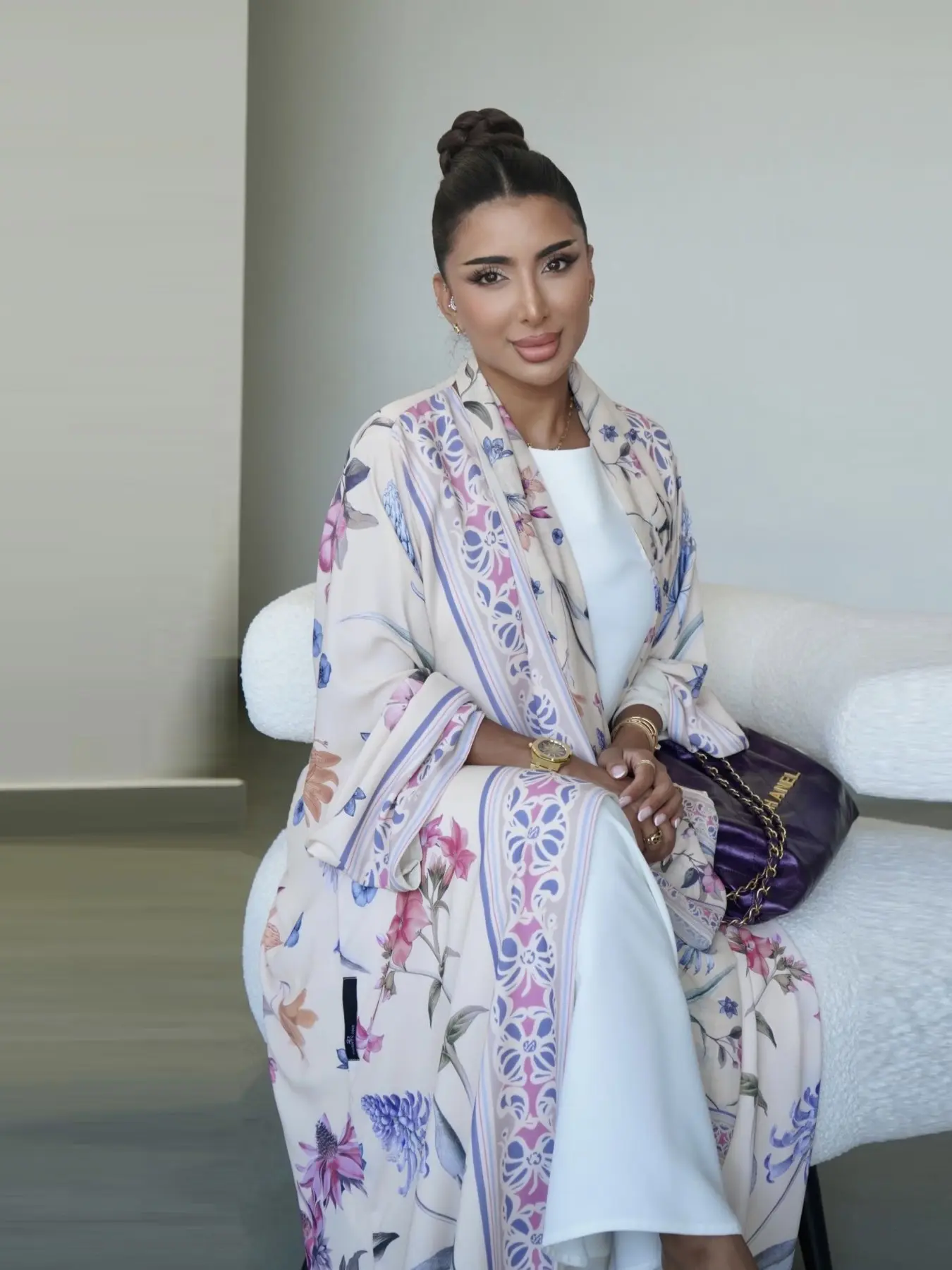 New Muslim Women's Vintage Floral Print Long Abaya, Elegant Islamic Clothing, Middle Eastern Luxury Flowy Open Front Outer Robe, Includes Headscarf, Two-Piece Set, Daily Wear