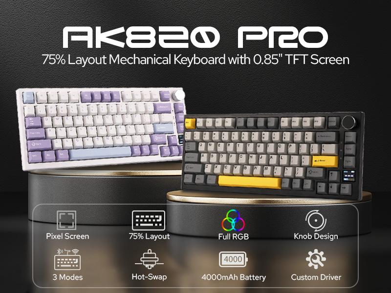 Ajazz AK820 Pro 75% Compact Mechanical Keyboard with TFT Screen and Wireless/Wired Connectivity Hot-Swappable Tri-Mode USB-C/BT 5.0/2.4GHz Gaming South-Facing RGB Backlit gaming accessories keyboards for gaming creamy keyboard TikTokShopJumpstartSale