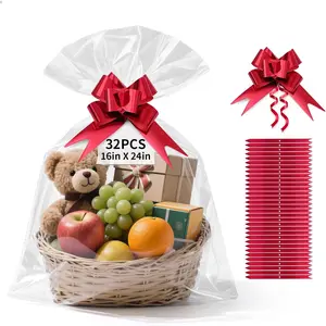 32 count Large Cellophane Bags, 16x24inches Cellophane Wrap for  Baskets,Clear Basket Bag with 32 count Red Pull Bows