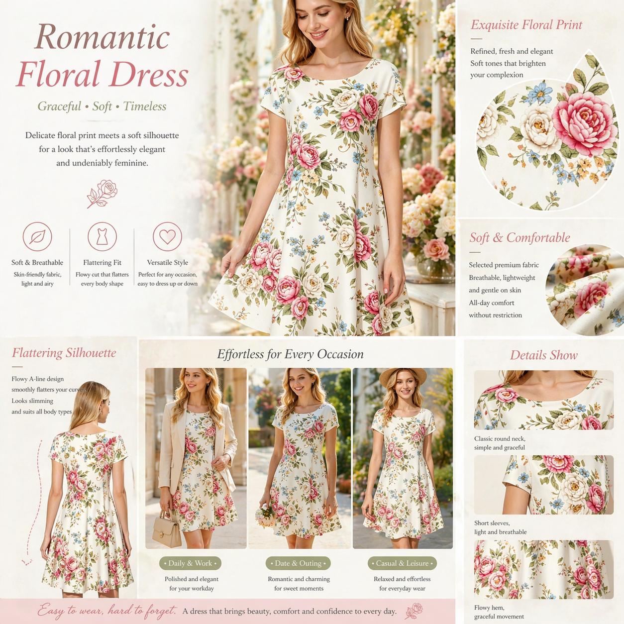 Vintage Floral Print Dress for Women Elegant Knee Length A-Line Swing Dress Short Sleeve round Neck Summer Casual Dress Fit and Flare Dress for Wedding Guest Party Cocktail Holiday Beach Travel Lightweight Comfortable
