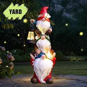 Garden Gnome Statue with Solar Lights Large Garden Sculptures Funny Triple Gnome Outdoor Patio Lawn Yard Garden Decor Gifts for Women Mom 12 in Spring Gnomes Outdoor
