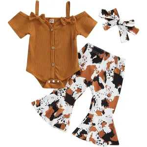Cow Print Bell Bottoms Outfits Toddler Girl Short Sleeve Romper Rib Knit Button Bodysuit Flare Pants Clothes Summer