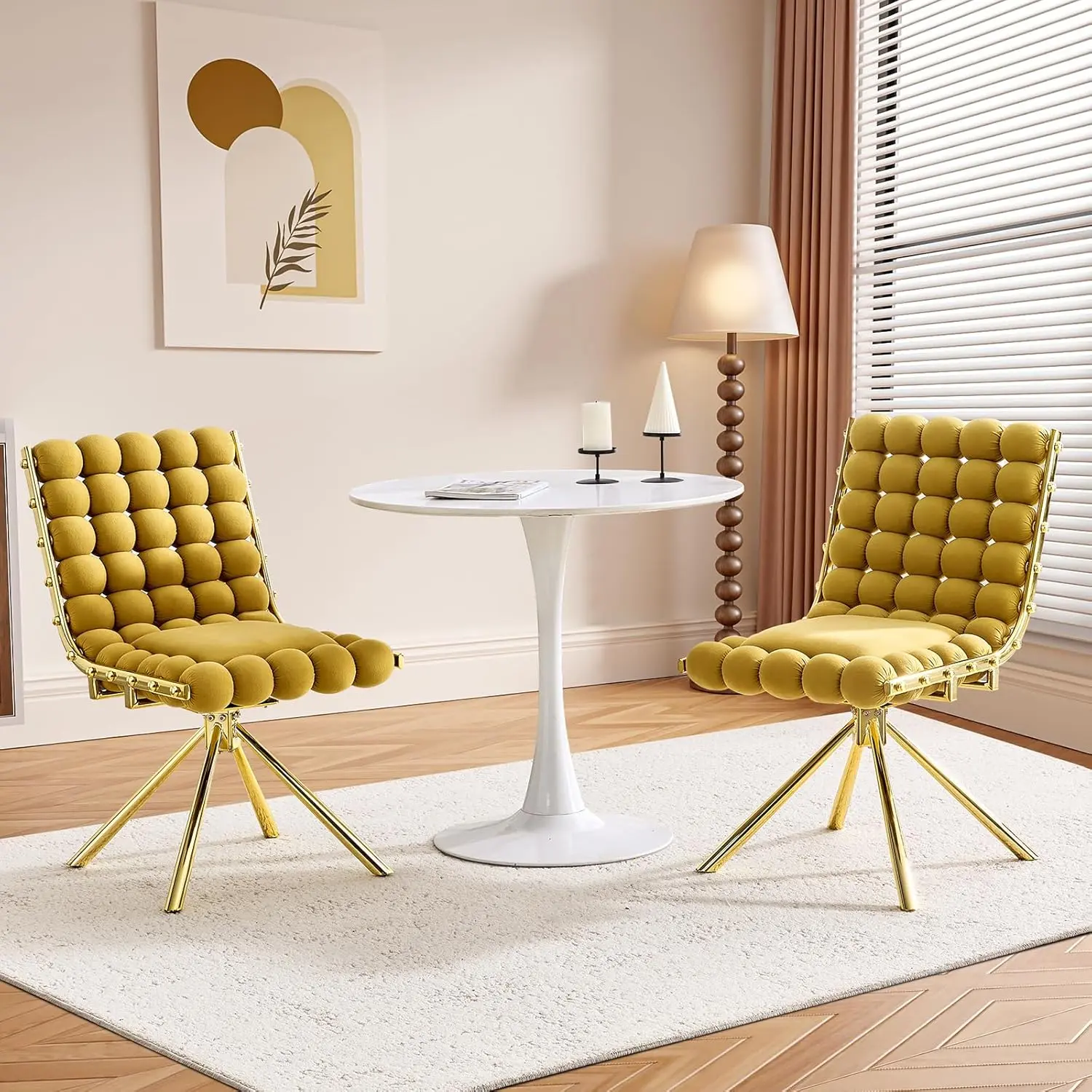 Upholstered Swivel Dining Chairs Set of 2, Modern Velvet Chairs, Bubble Chair Ball Chain Chair with Gold Legs, Funky Chair for Dining Room, Living Room, Makeup Area, Office, Balcony(Yellow)
