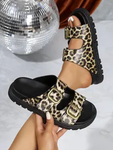 Women's Summer Sandals, Dual Buckle Strap Birkinstyle Shoes, Outdoor Half Slipper, One-Strap Cool Slippers for Women, Leopard Print Sandals, Leopard Print Slides